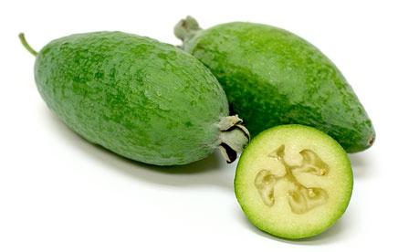 DATA SHEET FEIJOA Also known as pineapple guava Feijoas are a lime green color, ellipsoid shaped fruit with a white, granulated pulp and a distinctive aromatic sweet and sour flavor.