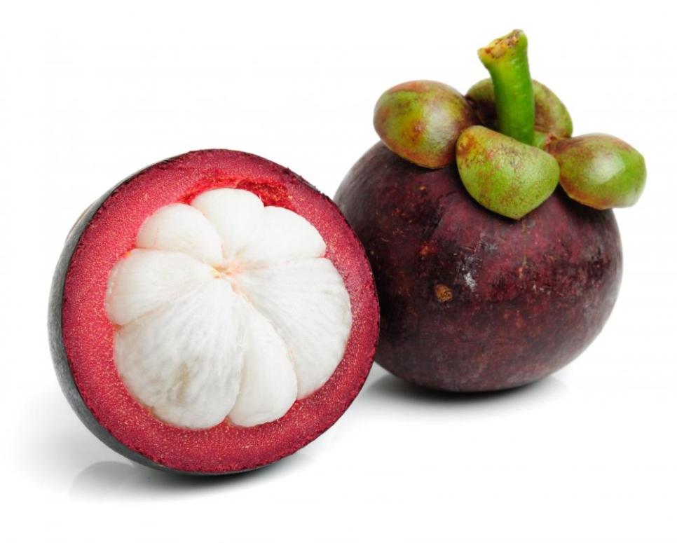 DATA SHEET MANGOSTEEN Called the Queen of Fruits Round shape fruit with a thick, hard, burgundy colour shell and a purple hard rind. Inside has 6 white flesh juicy clusters.