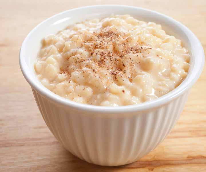 Rice Pudding Reef Serves 4 Per portion: 214kcal and 8g protein 1. Heat the oven to 150 C/fan 130 C/gas mark 2. 2. Wash the rice and drain well with a sieve. 3. Butter a baking dish.