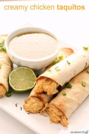 DAY 7 BAKED CREAMY CHICKEN TAQUITOS M A I N D I S H Serves: 6 Prep Time: 10 Minutes Cook Time: 20 Minutes 4 ounces cream cheese 1/3 cup green salsa 1 Tablespoon lime juice 1/2 teaspoon cumin 1