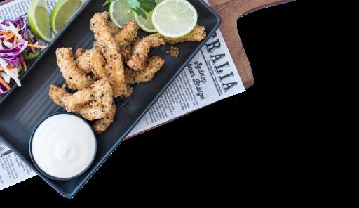 Calamari Please order at the bar Breakfast Available only before 1pm One Cavill Breakfast - $15 2 eggs, bacon, toast, fried tomato, hash browns including coffee or juice Snacks Garlic Bread - $8 Four