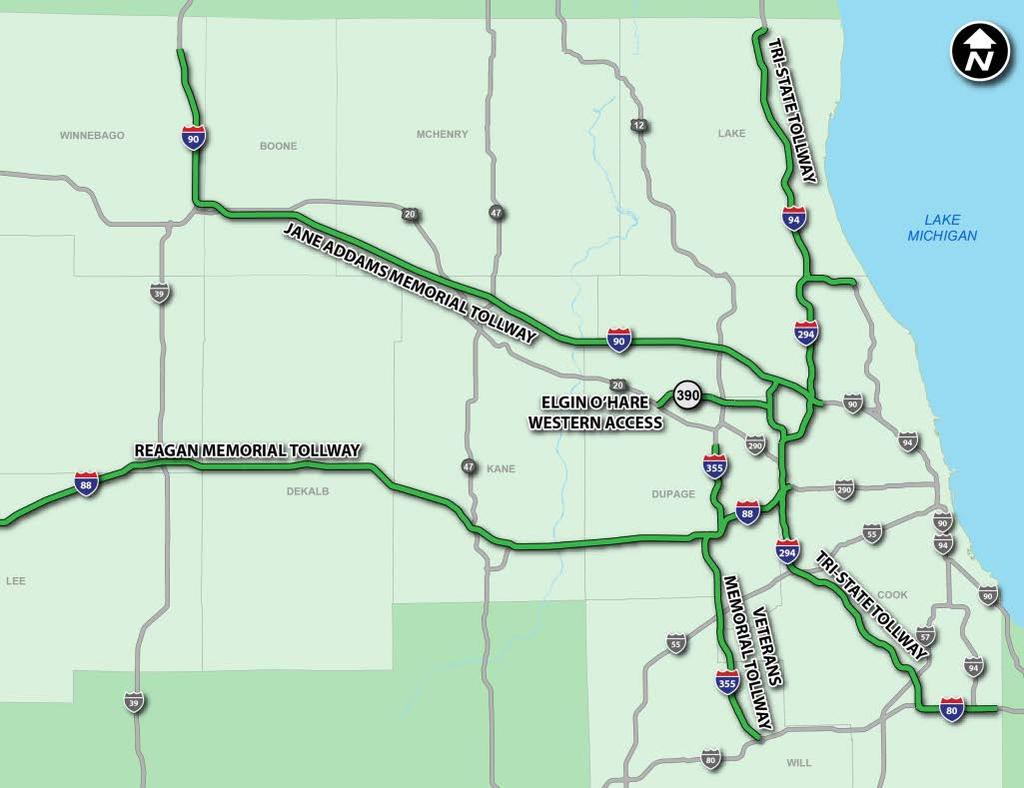 Illinois Tollway Key Statistics 286-mile system comprised of four tollways Opened in 1958 as a bypass around Chicago to connect Indiana and