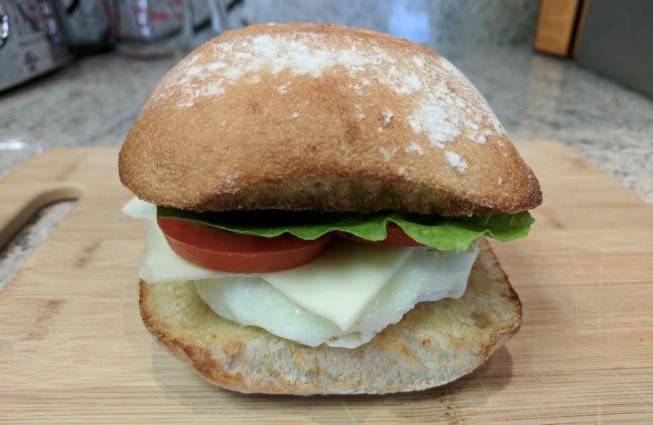 50 Mediterranean Freshly made egg whites on a bagel, wrap or ciabatta roll with butter, cheese, lettuce and tomato and a touch of balsamic.