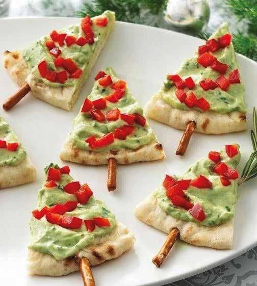 10 Christmas TREATS THE WHOLE FAMILY WILL LOVE PITA TREE BITES Prep time: 23 mins Makes 32 MAKE WITH KIDS Wholemeal pita bread, cut into triangles Guacamole (shop-brought or homemade) Red pepper,