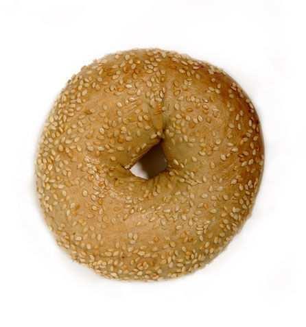 Small, sesame bagel, Lund's Bagels not for Einstein: A large bagel from Einstein's weighs 4 ounces and is 320 calories and 3 1/2 grams of fat.