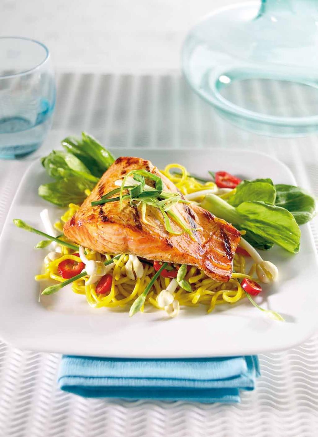 Orange & Ginger Salmon Serves 2 / 300 calories / 30g protein / 9g carbohydrate / 17g fat / 3g saturates 300 DINNER 2 tbsp tamari soy sauce 1 garlic clove, crushed 1 tsp finely grated fresh root