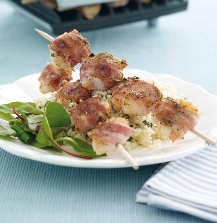 Bacon Wrapped Prawn Skewers 465 calories / 37.4g protein / 34.4g carbohydrate / 19.4g fat / 12.