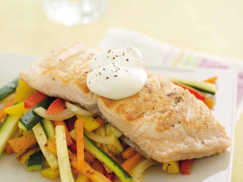 From the Grill... Grill a 150g salmon fillet on the George Foreman Grill for 5 minutes. Then add a good handful of any selection of veg (e.
