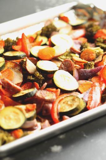 DAY 3 SMALLER FAMILY HEALTHY PLAN-ONE PAN GARLIC SAUSAGE AND VEGETABLES M A I N D I S H Serves: 4 Prep Time: 15 Minutes Cook Time: 30 Minutes Calories: 326 Fat: 7.8 Carbohydrates: 43 Protein: 21.
