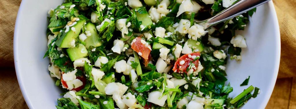 Paleo Tabbouleh 9 ingredients 15 minutes 2 servings 1. Rice the cauliflower by adding the florets to your food processor or blender, and pulsing until a rice-like texture is achieved. 2. Add the riced cauliflower to a large salad bowl along with the minced parsley, mint, cucumber, tomatoes, and hemp seeds.