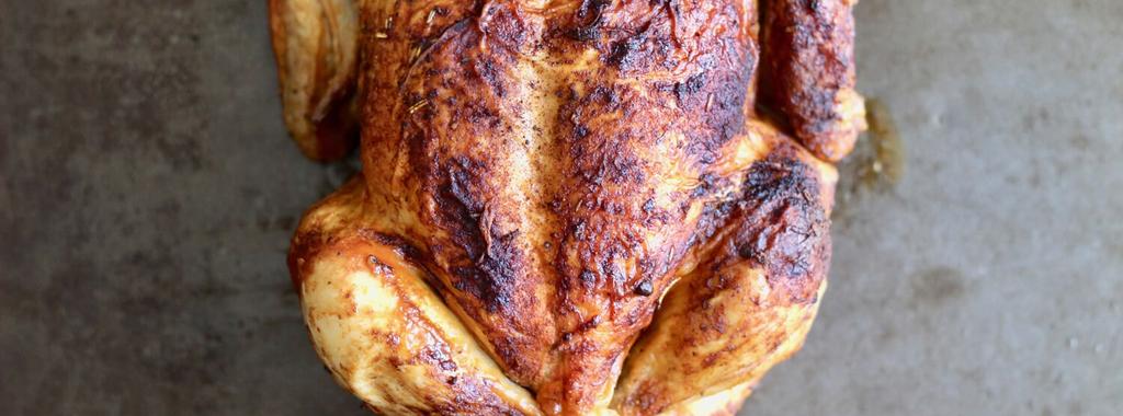 Roasted Chicken 6 ingredients 2 hours 4 servings 1. Preheat oven to 350 degrees F. 2. Place chicken in a roasting pan, rub with oil, and season generously inside and out with salt, pepper, poultry seasoning, and paprika.