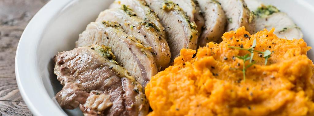 Herbed Pork Roast with Sweet Potato Mash 10 ingredients 1 hour 4 servings 1. Preheat oven to 400 degrees F. 2. Mash together rosemary, thyme, garlic, sea salt and black pepper into a paste. 3.