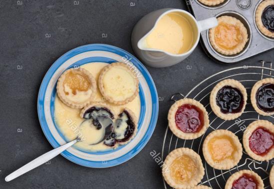 LESSON SIX SHORTCRUST PASTRY JAM TARTS WITH FRESH CUSTARD Jam Tarts 100g plain flour 50g cold butter A little cold water to mix Jam/curd of your choice To make 1 pint of Custard 570ml/1 pint milk