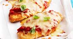 chicken parmigiana Pan-fried breaded chicken breast with a spicy tomato sauce topped with