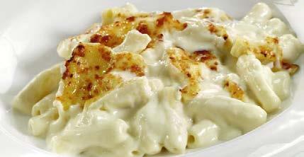 Pasta in a creamy cheese sauce made with mature cheddar. Served with chips or garlic bread and salad.