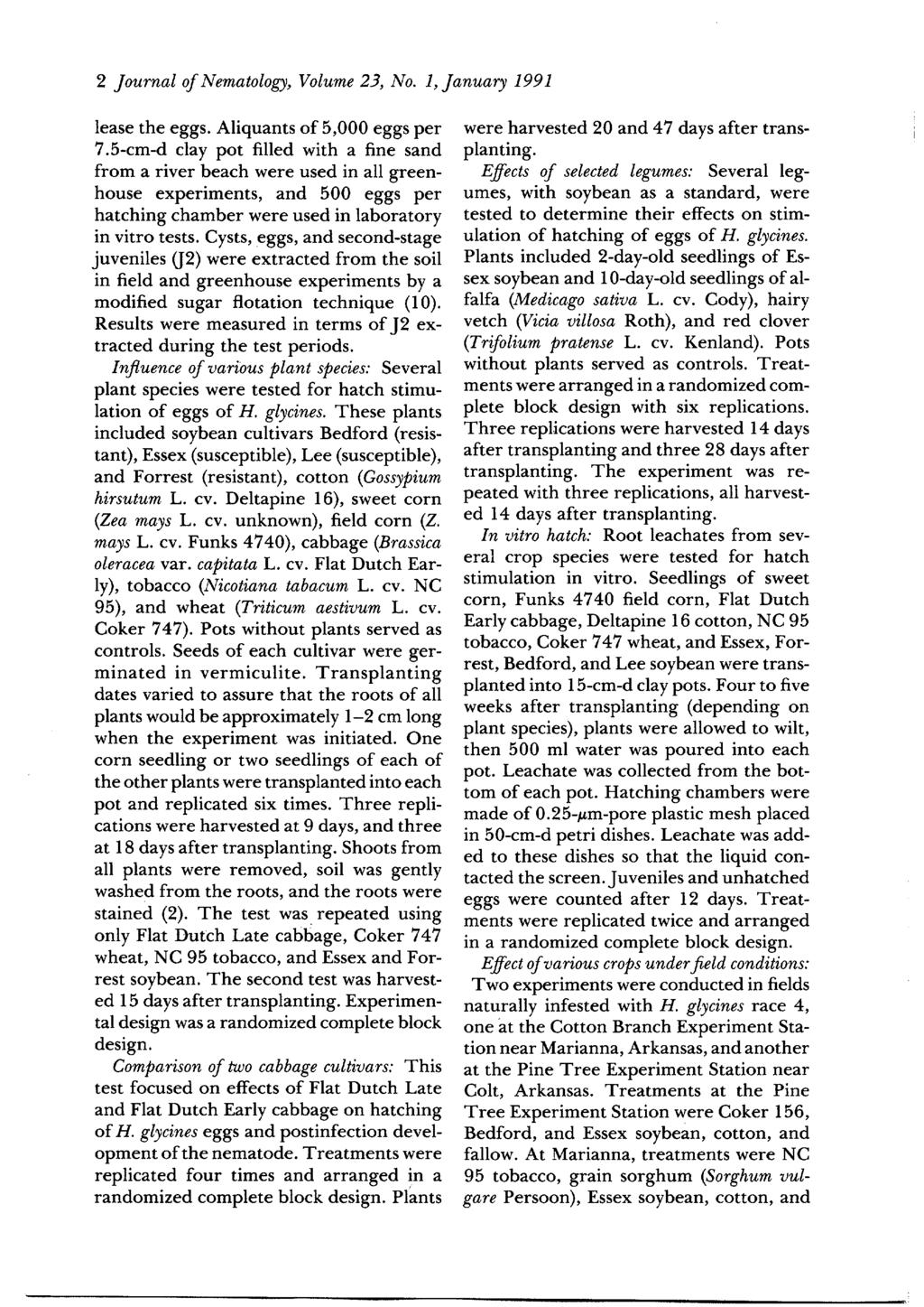 2 Journal of Nematology, Volume 23, No. 1, January 1991 lease the eggs. Aliquants of 5,000 eggs per 7.
