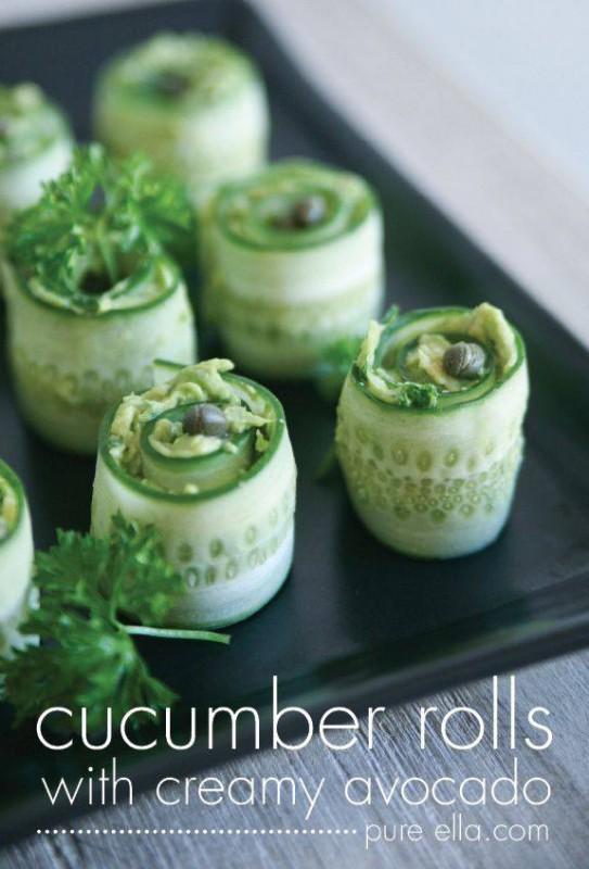 Cucumber Rolls CUCUMBER ROLLS HORS D OEUVRES WITH CREAMY AVOCADO SPREAD Ingredients : 1 large organic English cucumber (or 2) 3 ripe avocados 1/4 cup capers 1/2 teaspoon pink Himalayan salt or sea