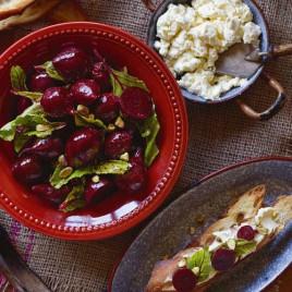 SERVES: 6 AS A STARTER 3 bunches small beetroot (about 15-18), all of a similar size 2 tablespoons cider vinegar 1 tablespoon pure maple syrup 1 2 cup olive oil 1 baguette, sliced 1cm diagonally 1