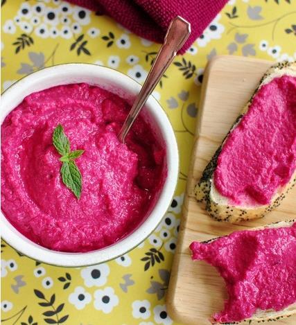 BEETROOT HUMUS (MAKES 6) 8 oz chickpeas 3 cloves of garlic 1 onion ½ cup tahini 2 tsps of Bioglan Superfoods Beetroot Powder mixed with 70ml of water ¼ cup lemon juice 1 tbsp ground cumin ¼ cup olive
