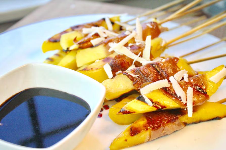 Grilled Prosciutto-Wrapped Mango Skewers Makes about 15 skewers. Balsamic Glaze: 1/2 cup balsamic vinegar 1 tablespoon honey 1.