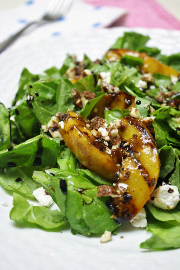 Grilled Peach Salad with Goat Cheese & Spinach Serves four.