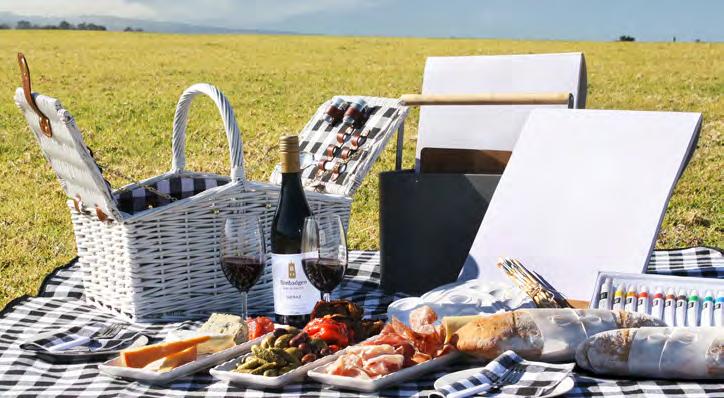 Cutlery, plates and blanket are provided in your basket. Beers and other beverages are also available. Bimbadgen Pizza s Launching in September 2018 Enhance the vineyard picnic and add on a paint kit!