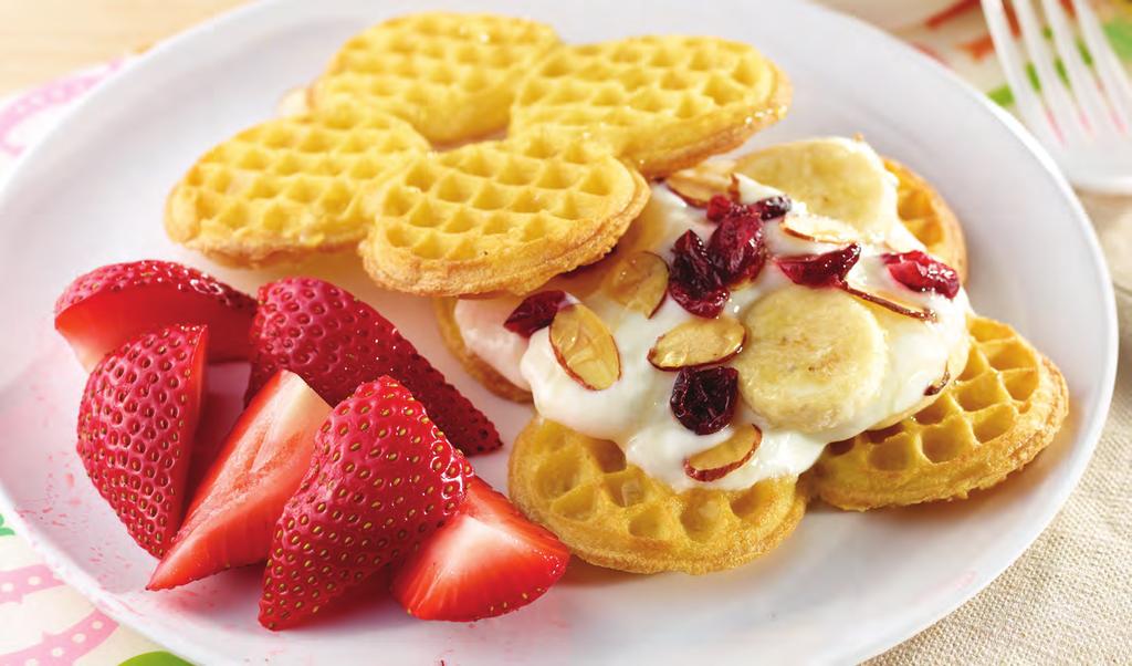 Eggo Mini Waffles Fruit Delights Yield: 5 servings 5 Packages Eggo Maple-Flavored Mini Waffles (1, 4 Mini Waffle Slices) 6