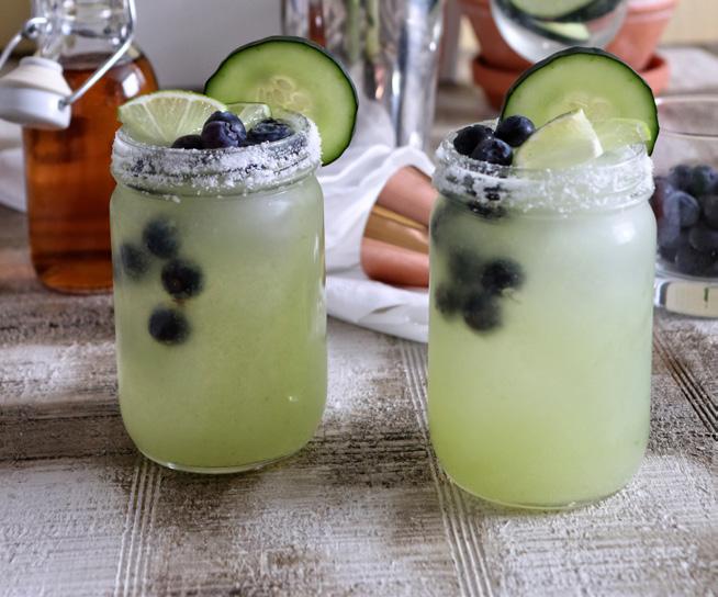 Cucumber Blueberry Margaritas For the margarita 8 ounces (1 cup) tequila blanco 1 cup cucumber, pureed ¼ cup sweetened lime juice 4 ounces (½ cup) triple sec 1 cup blueberries For the garnish SERVES
