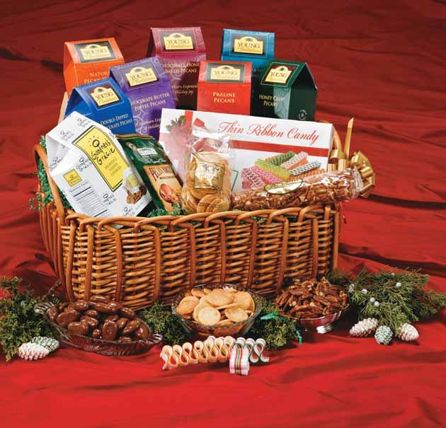 Butter Roasted & Salted Pecans, Praline Pecans, Honey Crisp Pecans, Cheddar Biscuits, Pecan Brittle, Benne Wafers, Toffee Cookies and Ribbon Candy. Item #6000 9 lb. Basket $139.