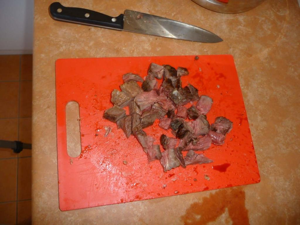 Cubing The Meat 1. When the meat is done, remove from oven & leave to rest for 20 minutes 2. When meat has cooled, place on cutting board 3.