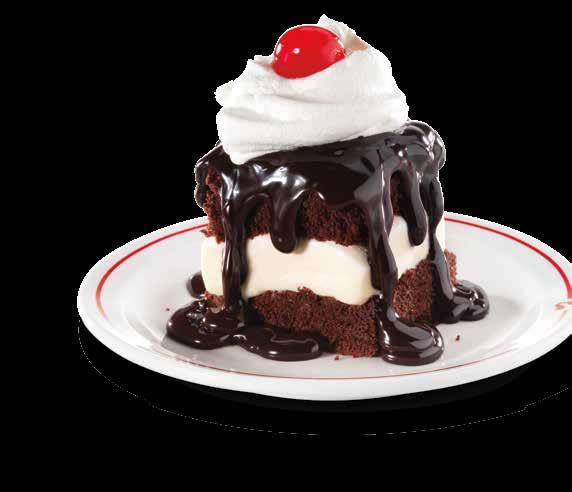 HOT FUDGE CAKE Vanilla ice cream sandwiched between two fudge cakes, smothered with hot fudge and topped with whipped topping and a cherry. 3.49 660 cal Mini Hot Fudge Cake 2.