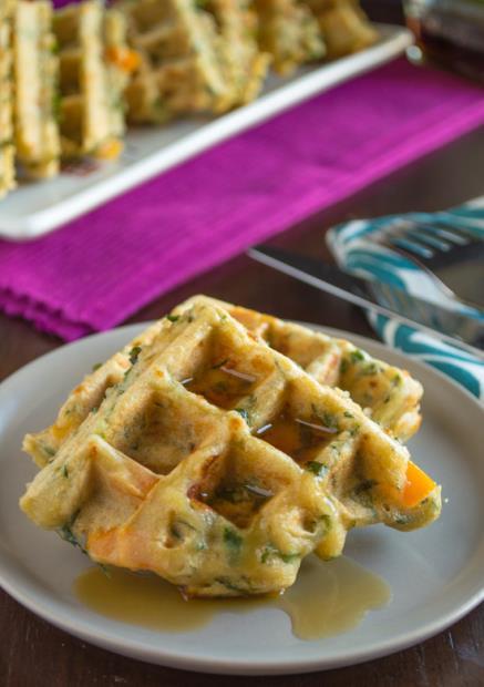 Savory Veggie Waffles You will find spinach, peppers, basil, and scallions tucked in every inch of these savory veggie waffles. Who said that waffles are for breakfast only? Makes 5 large waffles.