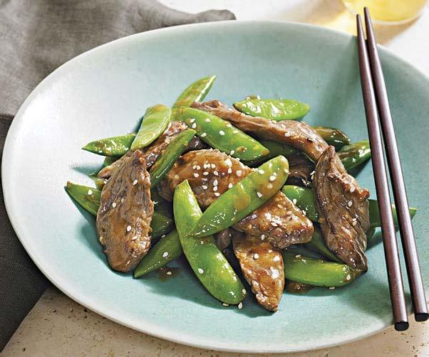 friday Sesame Beef and Snap Peas Active/total time: 30 minutes A drizzle of chili sauce gives the tangy sauce in this dish a touch of heat while toasted sesame seeds and sesame oil offer a double