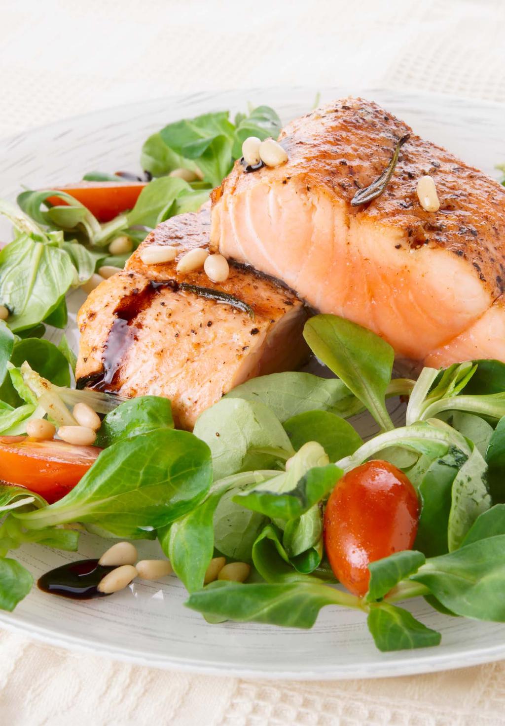 Simple Microwave Salmon With Salad 2 salmon fillets 1 tablespoon of olive oil 2 garlic cloves minced ¼ teaspoon of salt Black pepper Mixed greens 1. Place salmon on microwave dish, skin down. 2. Brush fillets with olive oil and spread the garlic 3.