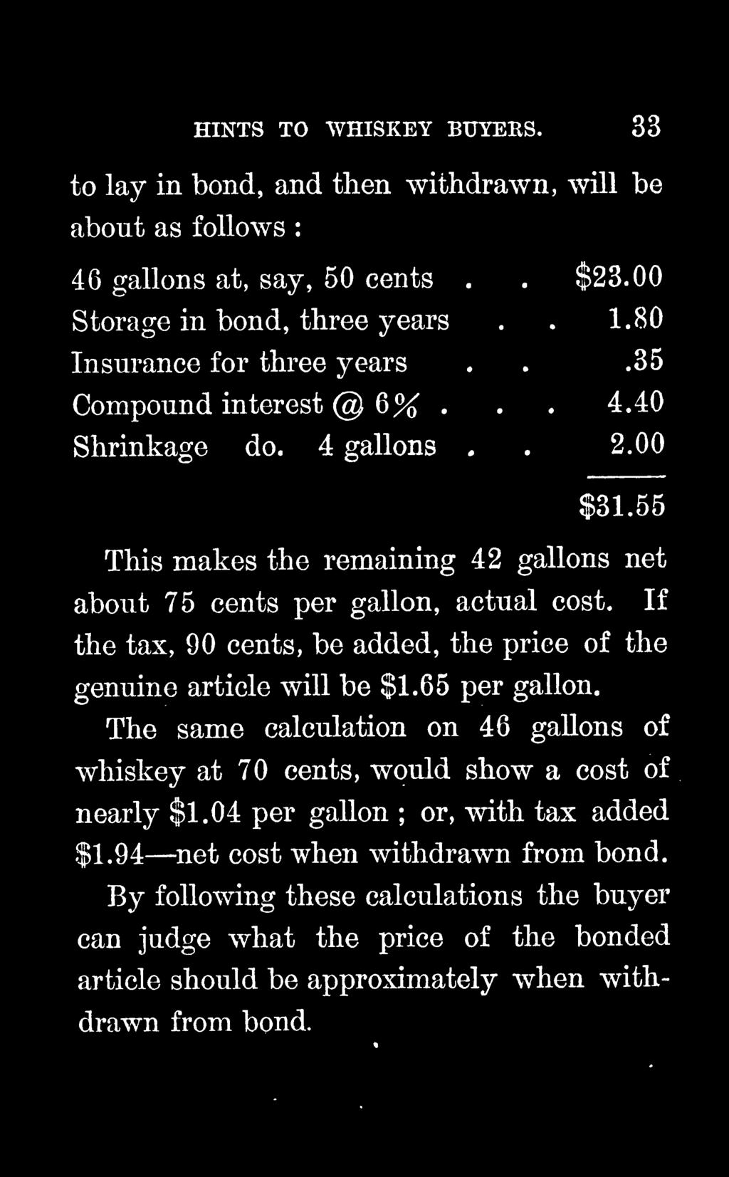 The same calculation on 46 gallons of whiskey at 70 cents, would show a cost of nearly $1.