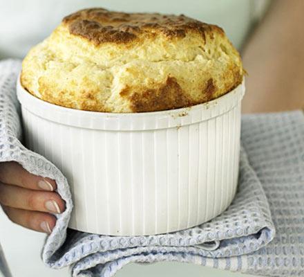 Cheese soufflé in 4 easy steps Ingredients 50g butter, plus extra for greasing 25g breadcrumbs 50g plain flour 1 tsp mustard powder 300ml milk 4 eggs 100g grated extra-strong cheddar, (blue cheese,