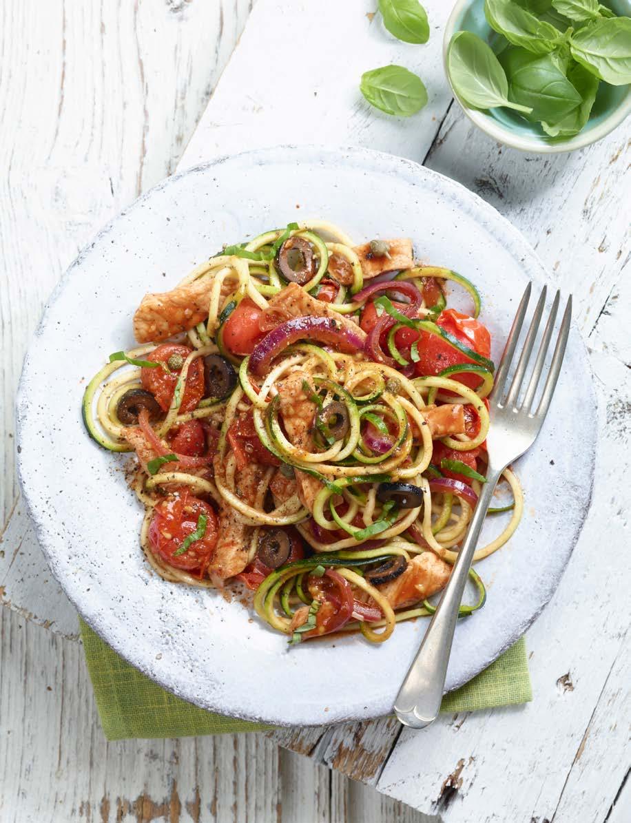 TOMATO AND GARLIC PORK MEDALLIONs PUTTANESCA WITH COURGETTI Serves 4 Total time: 20mins A low fat version of this classic Italian favourite 4 pork loin medallions, cut into thin strips 1 tsp olive