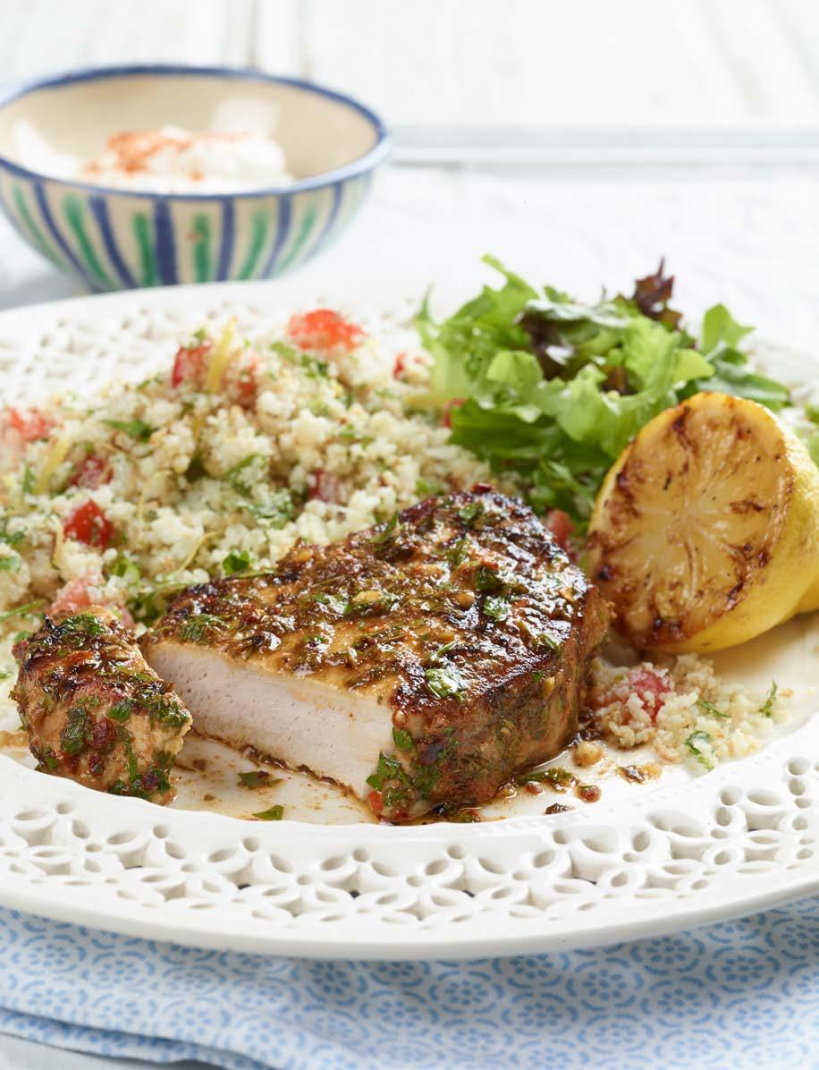 PORK MEDALLIONS IN A HERB AND SPICE CHERMOULA MARINADE WITH CAULIFLOWER COUSCOUS Serves 4 Total time: 30mins A flavoursome herb and spice marinade with a fresh cauliflower couscous For the marinated