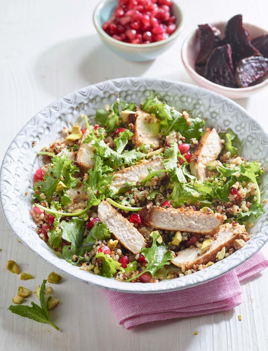 MOROCCAN pomegranate PORK MEDALLIONS WITH QUINOA Serves 4 Total time: 30mins A hearty salad bursting with flavour and colour 1306kJ 309kcal 7.3g 16% 10% 1.3g 6% 11.6g 12% 0.69g 11% Carbohydrate 36.