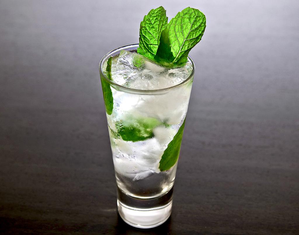 dissolved. Add the mint leaves and press lightly with a muddler.
