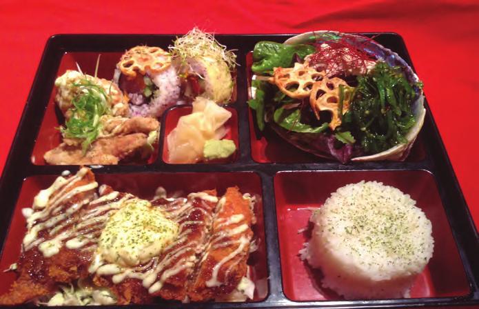 80 Chicken karaage Renkon chips kaiso salad Assorted sushi roll 2pcs Rice & Served with miso