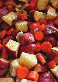 Roasted Potatoes, Carrots & Onions 4 large potatoes, washed and dried 2-3 large carrots, peeled or ½ of a 1 pound bag of mini carrots ½-1 small onion, sliced thinly Seasonings such as salt, pepper,