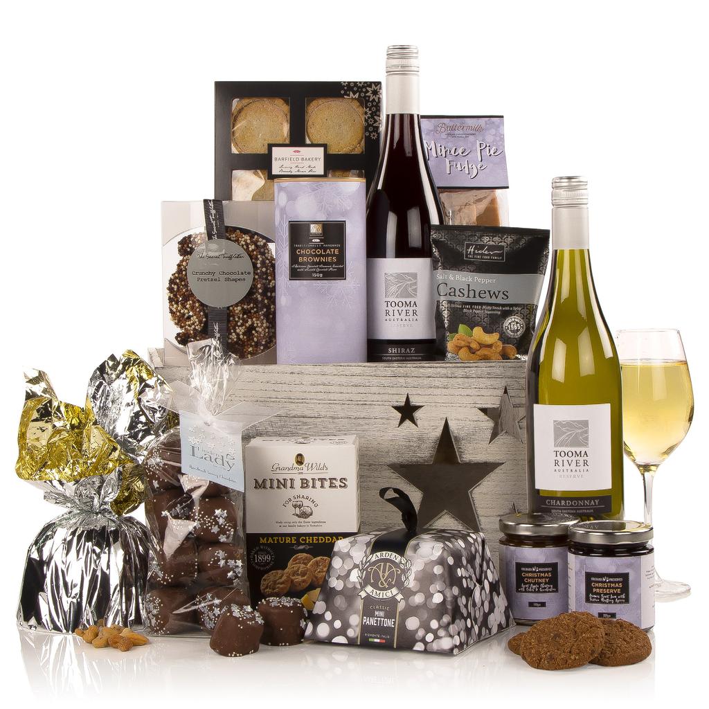 WHITE CHRISTMAS Presented in a wooden crate containing: Tooma River Reserve Chardonnay 75cl 13% vol Tooma River Reserve Shriaz 75cl 14% vol Abbey Biscuits Chocolate Brownies 150g Arden & Amici