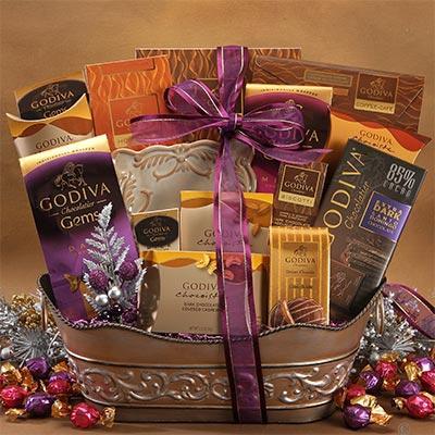 Decadent Godiva Chocolate Gift Basket Item # C908--$124.99 The Decadent Godiva Chocolate Gift Basket is the perfect gift featuring an assortment of gourmet chocolate items from Godiva. 4.00 oz.