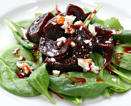 Feta cheese, olives, cucumber and mixed crisp lettuce BALSAMIC BEETROOT AND BABY SPINACH