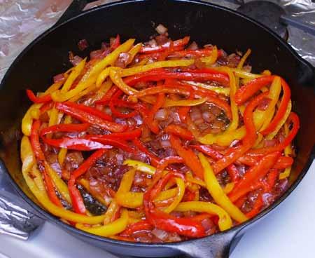 10 Sauté the onions and peppers until tender, about 4 to 5 minutes.
