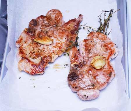 Then add butter to the pan and spoon it over the chops several times during the cooking.
