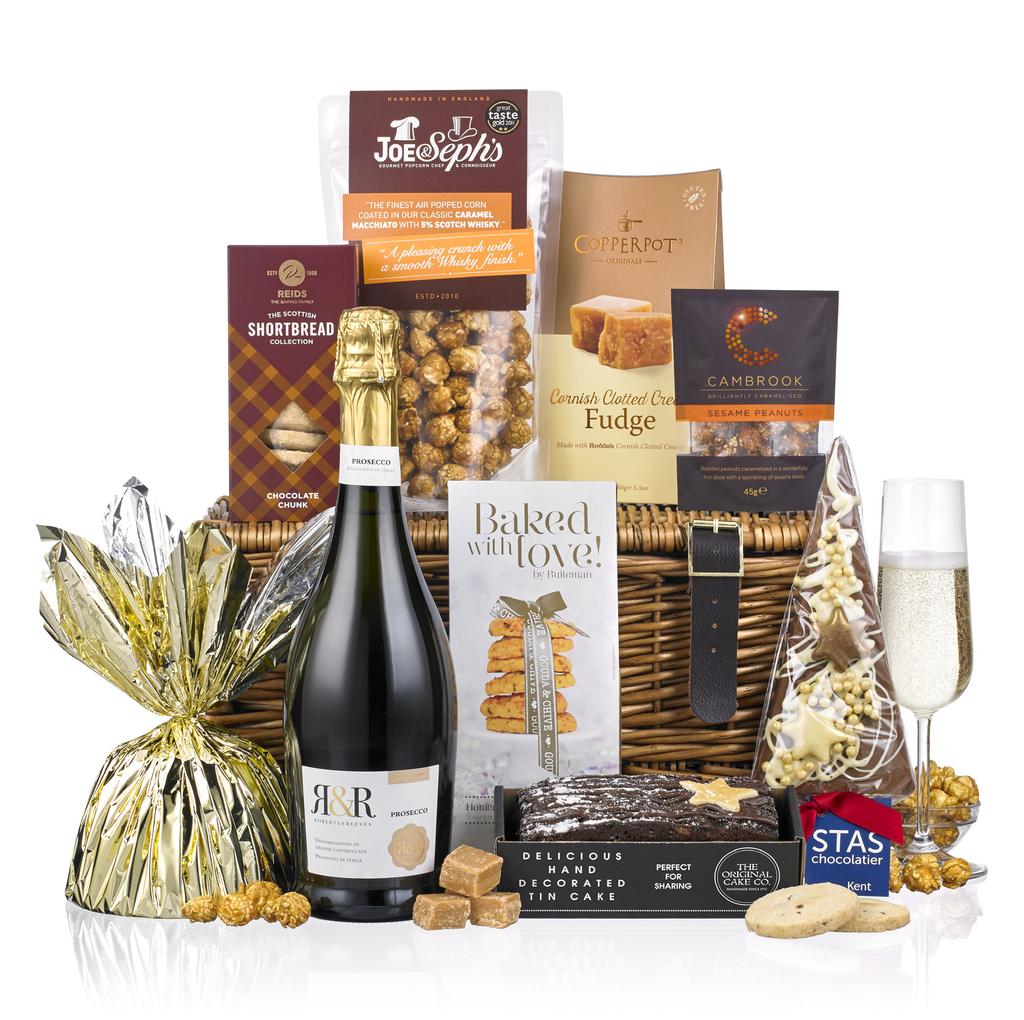 THE MISTLETOE Presented in a traditional wicker basket containing: R&R Robert & Reeves Prosecco 11% vol Buiteman Baked With Love Gouda & Chive Biscuits 75g Cambrook Brilliantly Caramelised Sesame