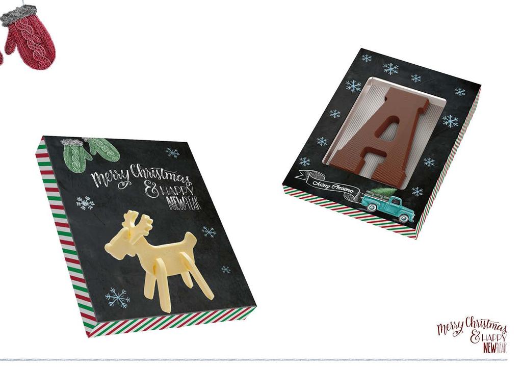 47 Reindeer Choco Puzzle Cat. No 0331A Flavour 3D chocolate reindeer figure to be assembled (110 g total) milk, dark or white chocolate 238 x 195 x 30 mm Choco Letters Cat.