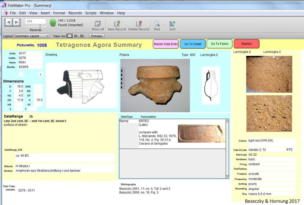 features (details = stamps, fabric, types, excavations data and main).